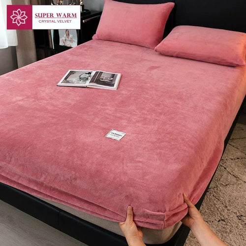 Soft Warm Plush Fitted Sheet Elastic Mattress Cover Fluffy Coral